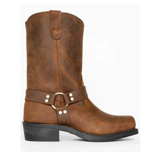 Men's brown vintage cowboy boots with a large silver belt buckle ring detail on the side.