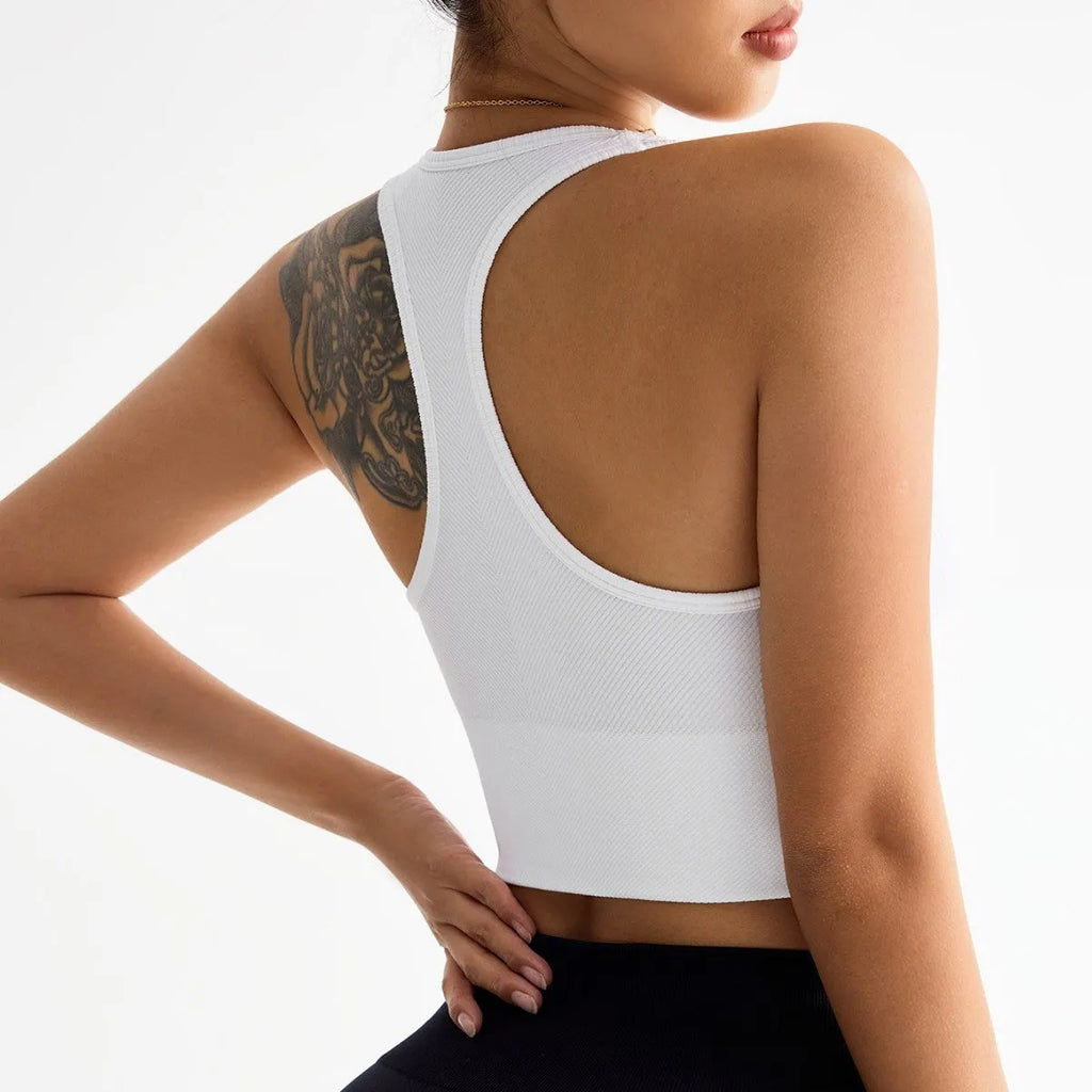 Black women's sports bra with moulded cups and double-shoulder straps for running and yoga