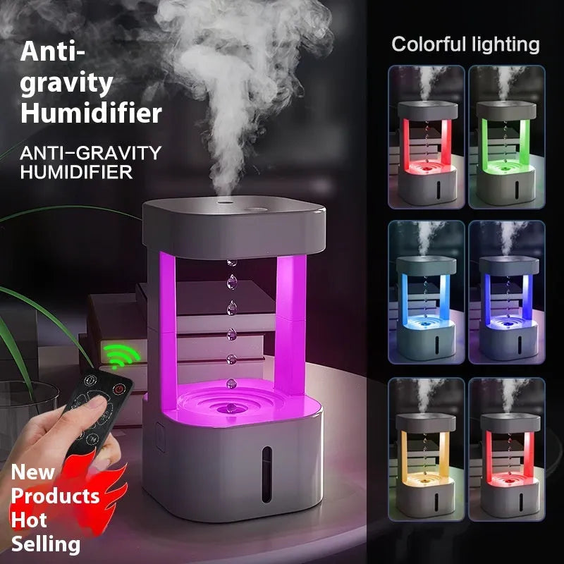 Anti-gravity water drop humidifier with optical illusion water flow and 580ml tank