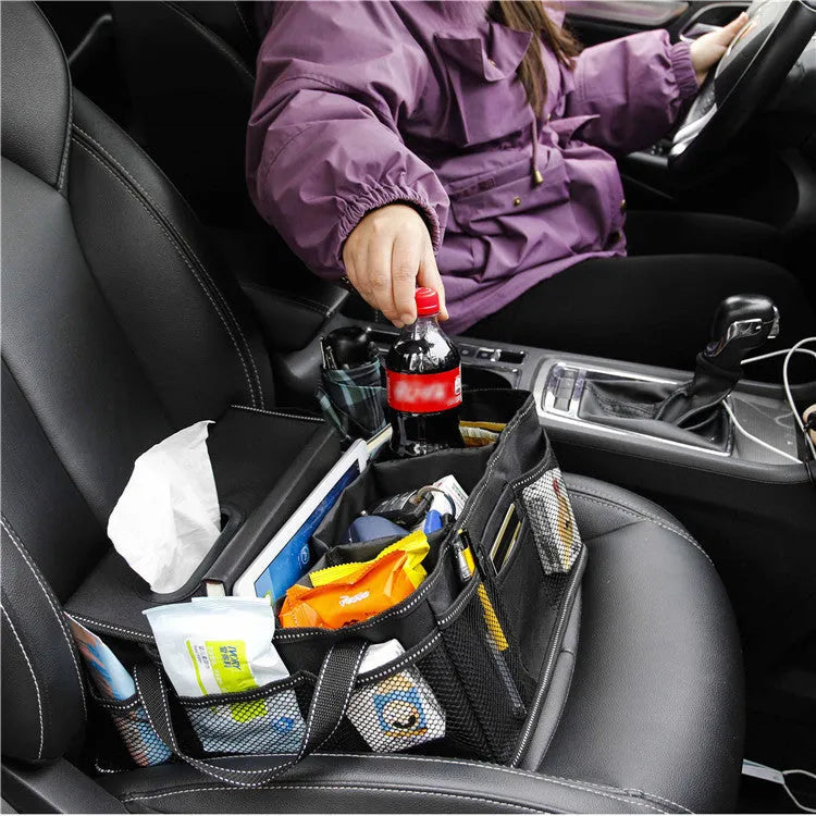 Black collapsible Oxford cloth car boot storage box showing dimensions