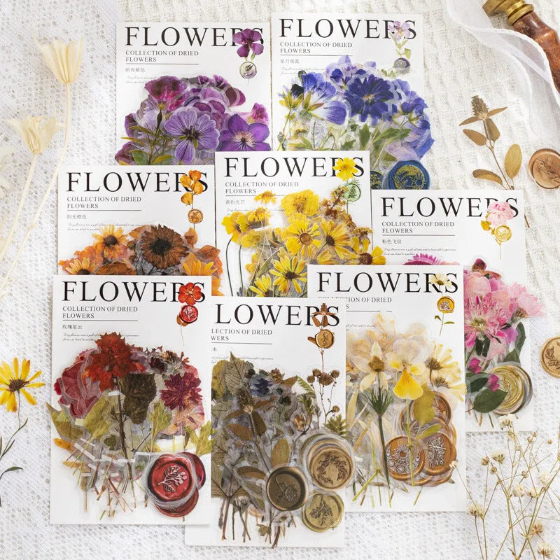 Dried flowers journal decoration sticker package with eight artistic themes on 70mm PET sheets