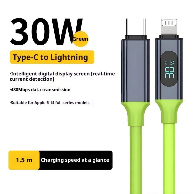 Green silicone fast charging data cable with digital display and Type-C connector