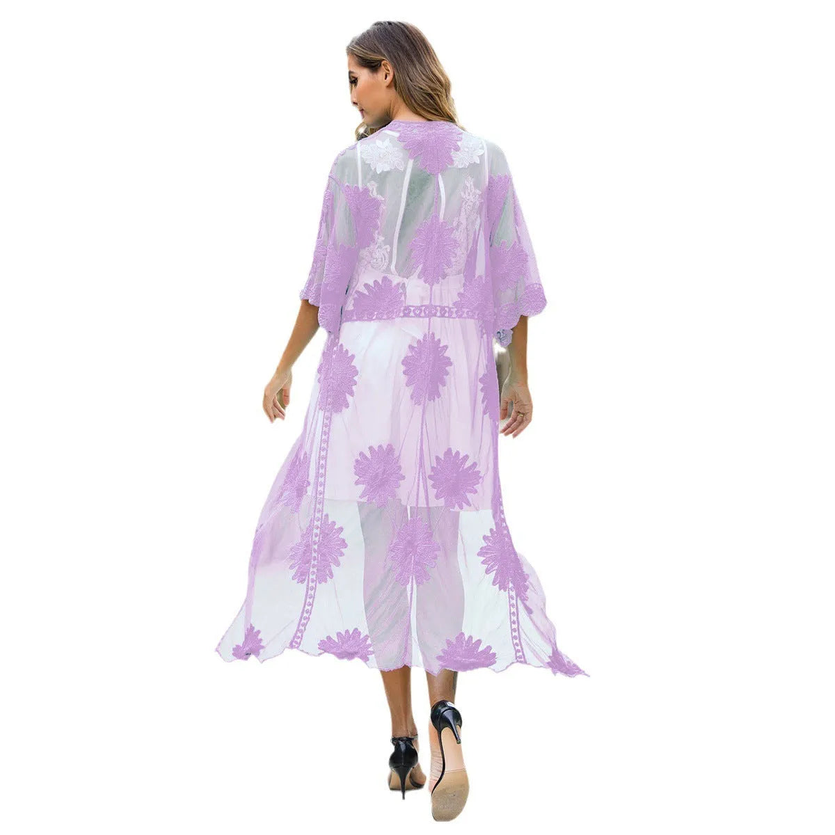 Light purple lace embroidery beach cover-up dress with cotton lining shown as swimwear outer layer