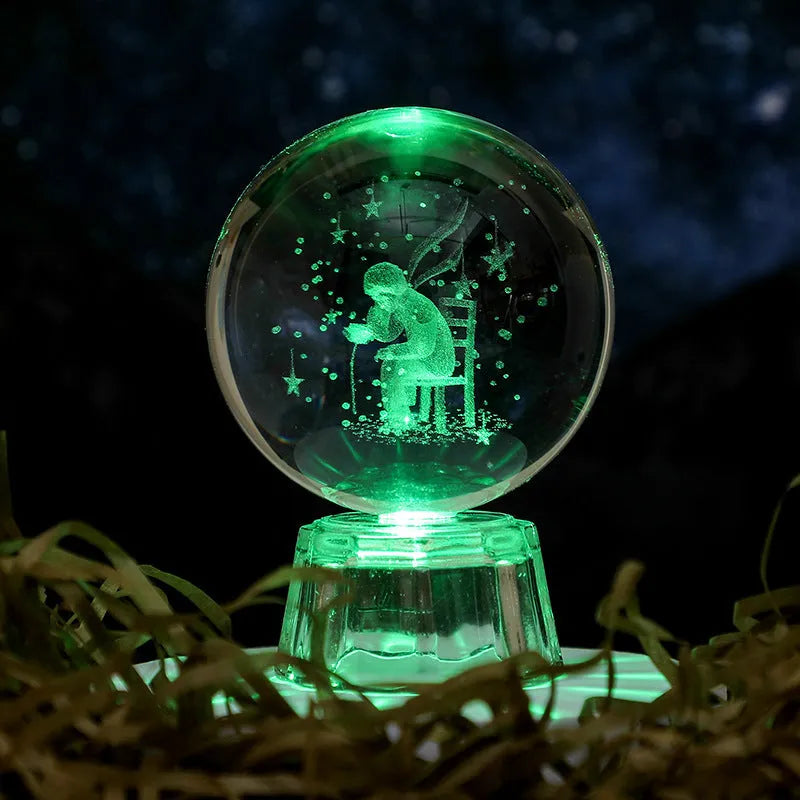 Transparent 6cm crystal ball ornament with inner carving on a fixed base, modern minimalist decor.