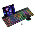 Black wireless keyboard and mouse set on a desk, showing luminous keys and integrated card slot.