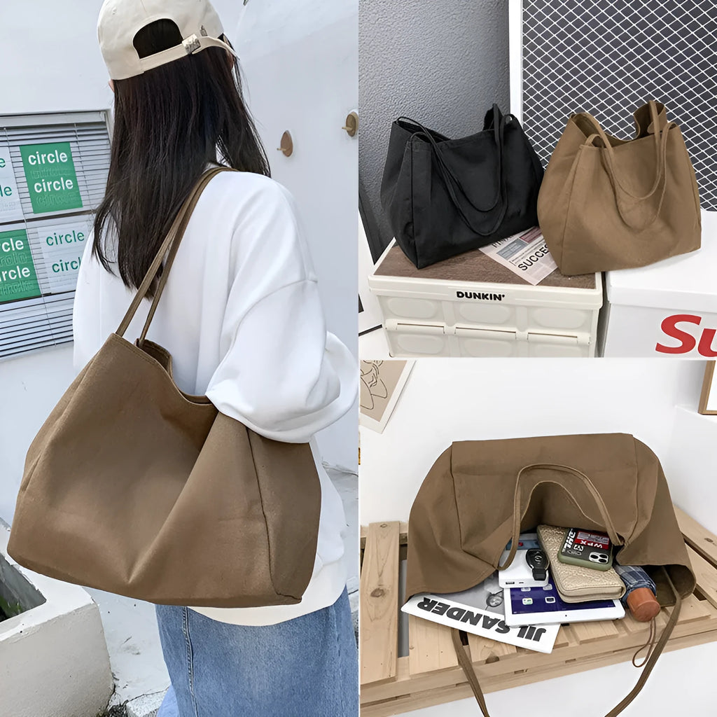 Women's solid colour canvas handbag showing horizontal square shape with double shoulder straps