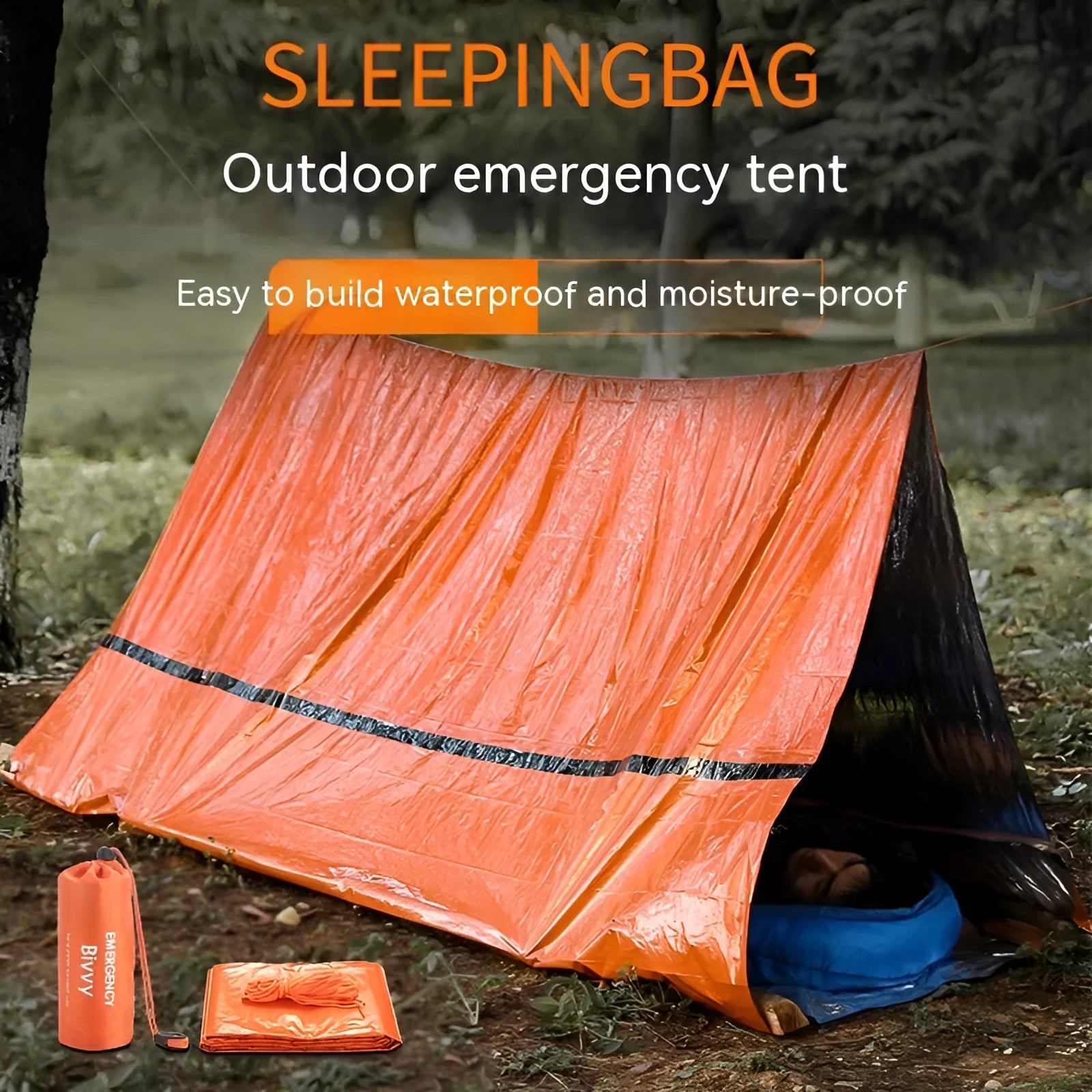 Orange portable disaster relief tent kit with sleeping bag and raincoat laid out