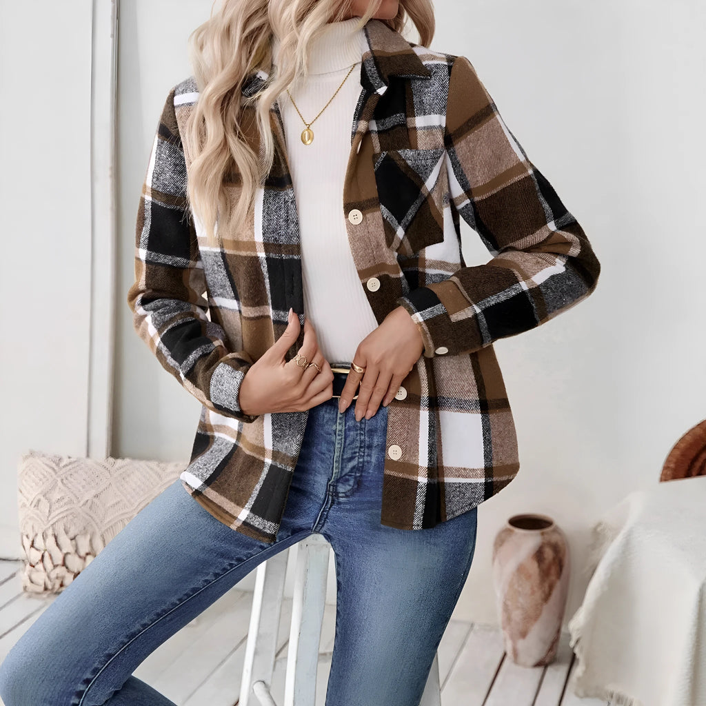 Woolen woven plaid button shirt collar jacket top in brown – Asian size S to XL, polyester fabric, pocket, Japanese Korean casual style