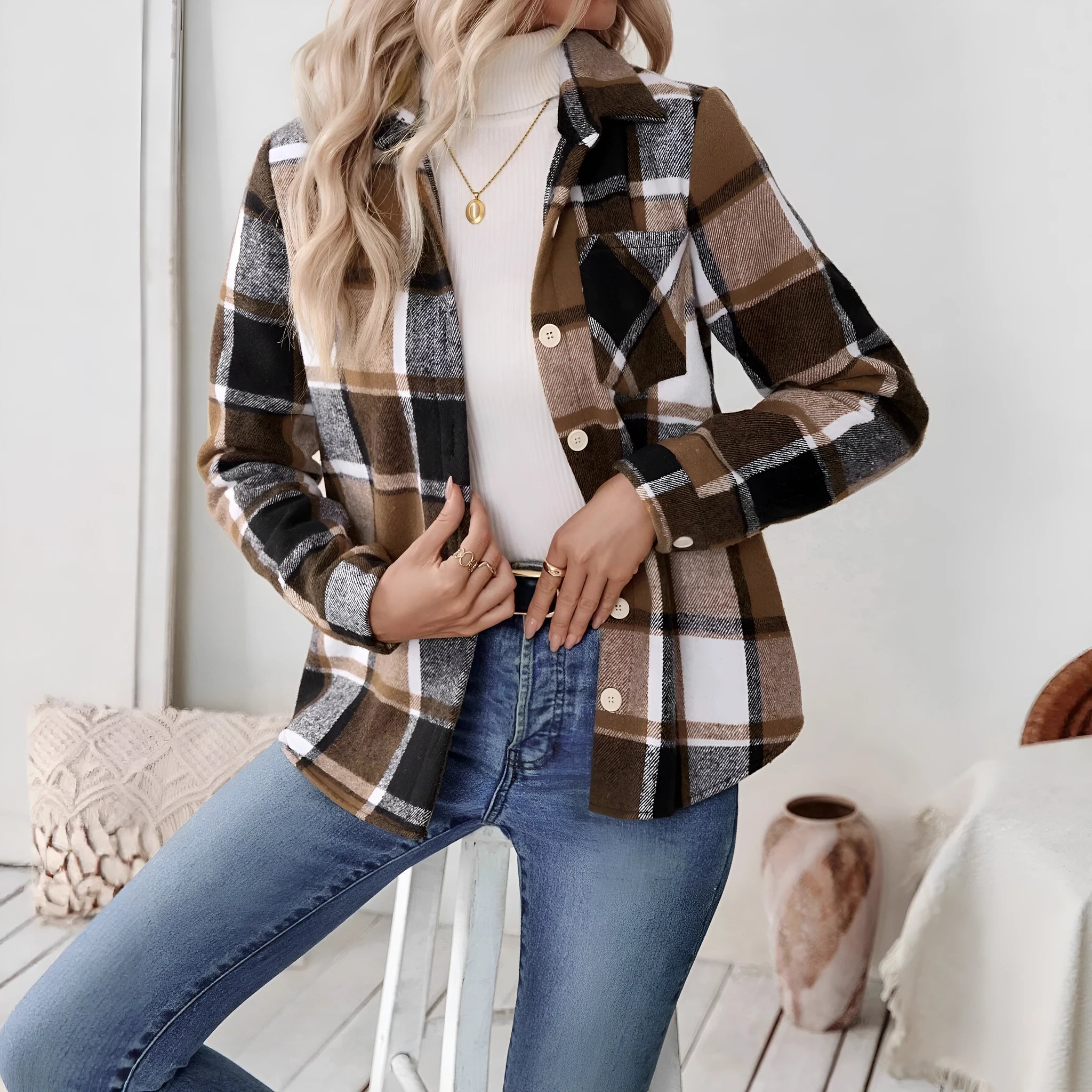 Woolen woven plaid button shirt collar jacket top in brown – Asian size S to XL, polyester fabric, pocket, Japanese Korean casual style