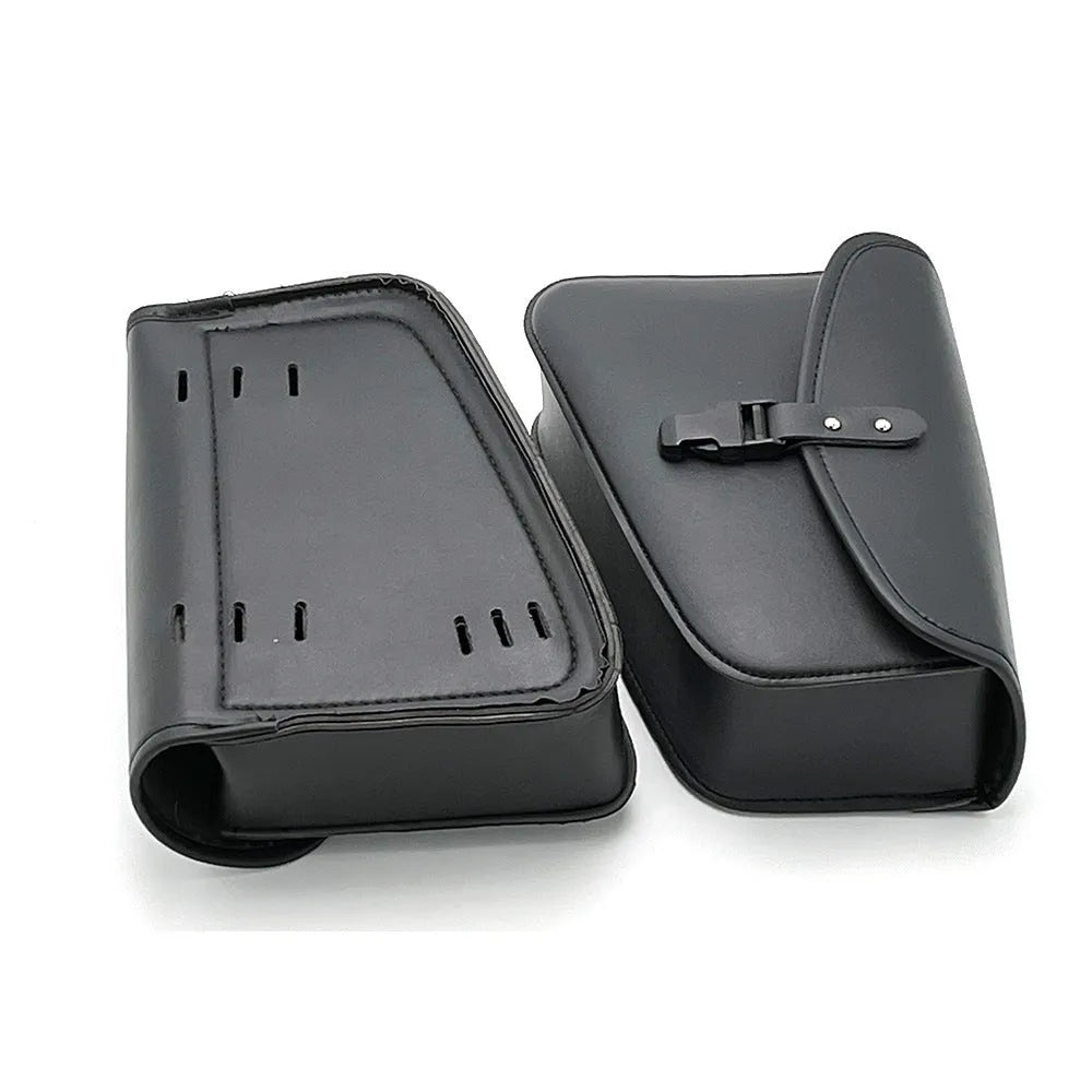 Black PU leather motorcycle swingarm saddlebag mounted on Sportster showing 30cm length dimensions