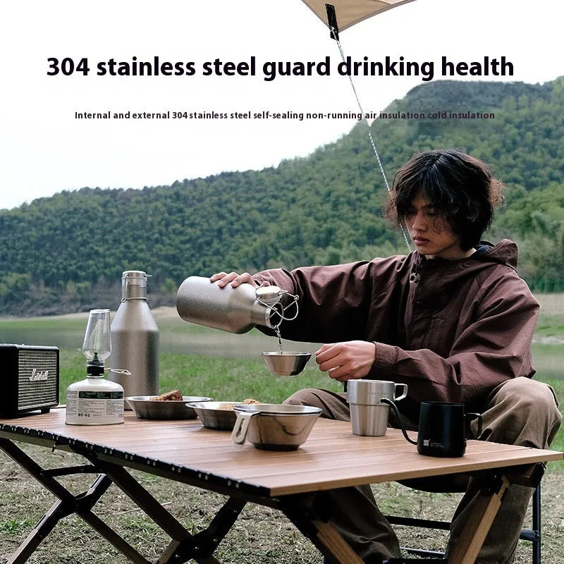 Large stainless steel outdoor thermal pot shown in single-layer and insulated double-layer versions.