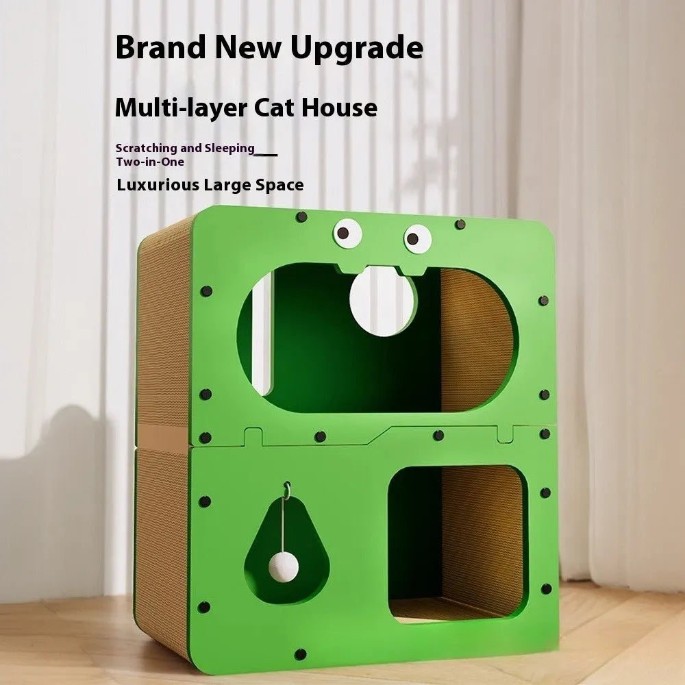 Wear-resistant cat scratching board attached to a double-layer enclosed cat nest in a cute owl design style.