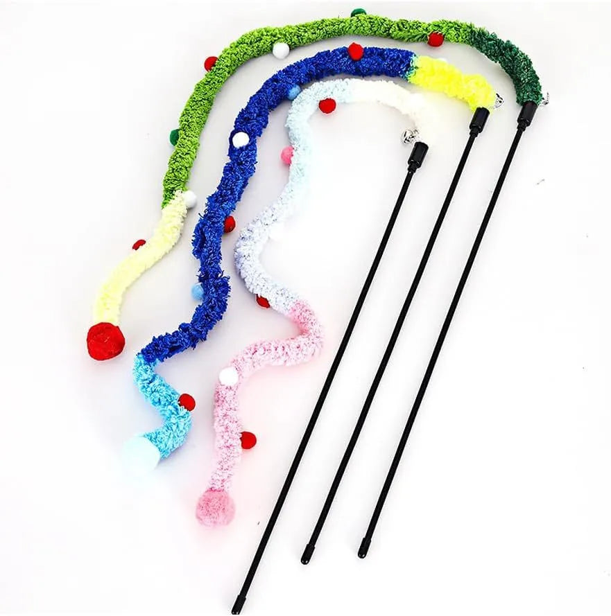 Colourful cat wand toy with long plush strip, fluffy ball, and bells on 41cm pole