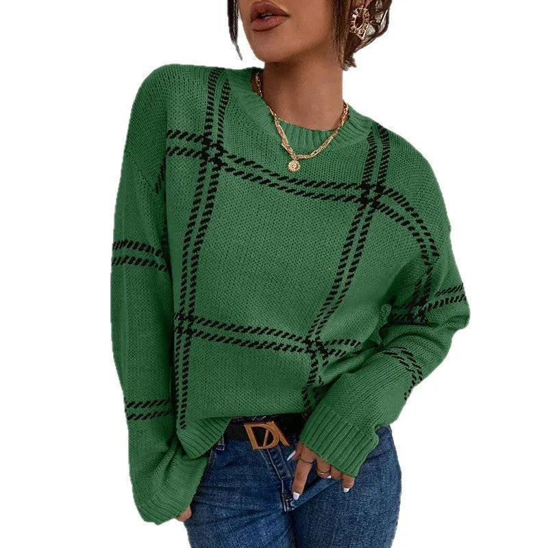 Women's plaid colour-block striped sweater in acrylic with crew neck and loose fit