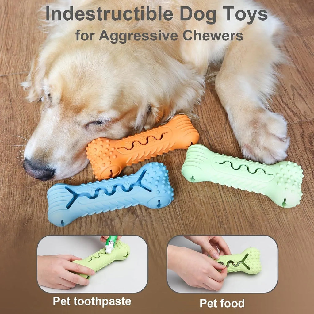 Blue green and orange natural rubber bone-shaped dog chew toy for aggressive chewers on a white background