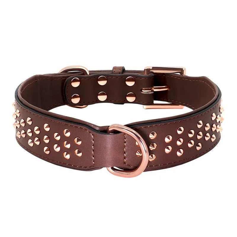Leather dog collar with metal rivets in black, chocolate, or pink colour.