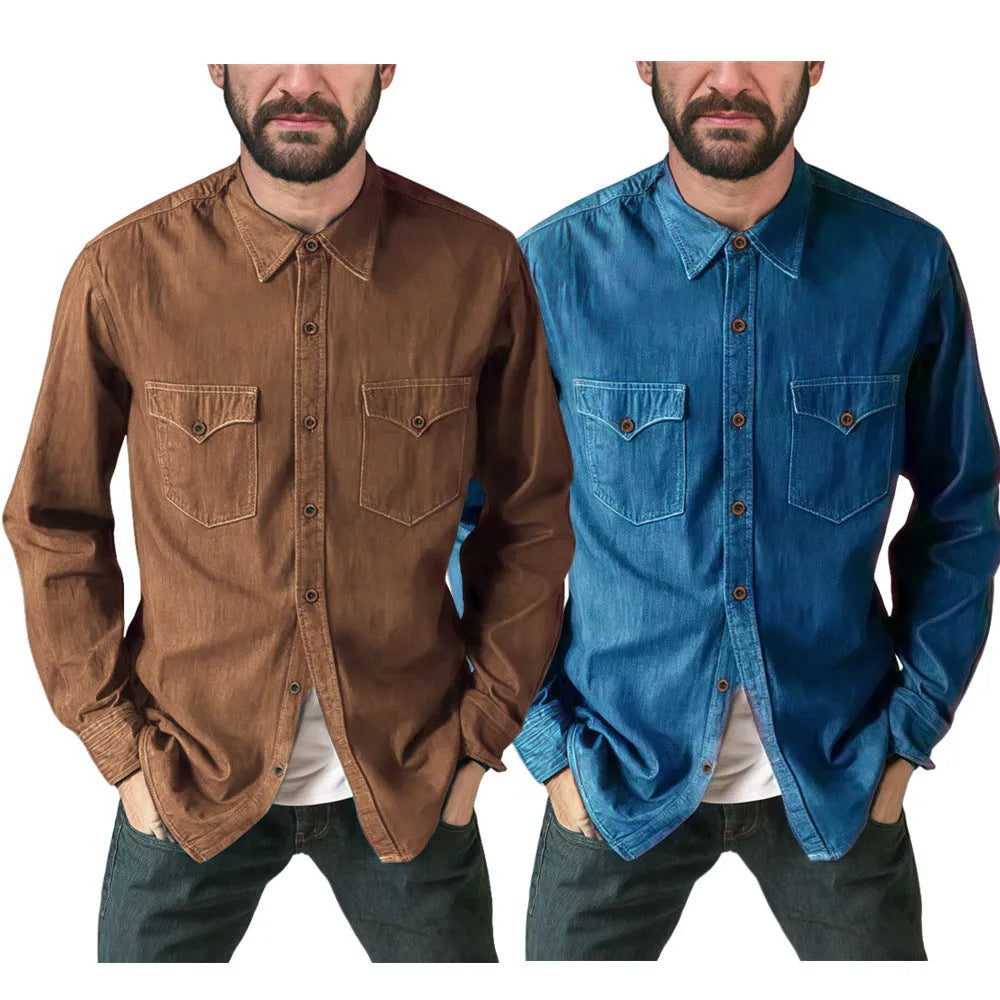 Men's cotton denim cardigan coat in khaki colour on a hanger.
