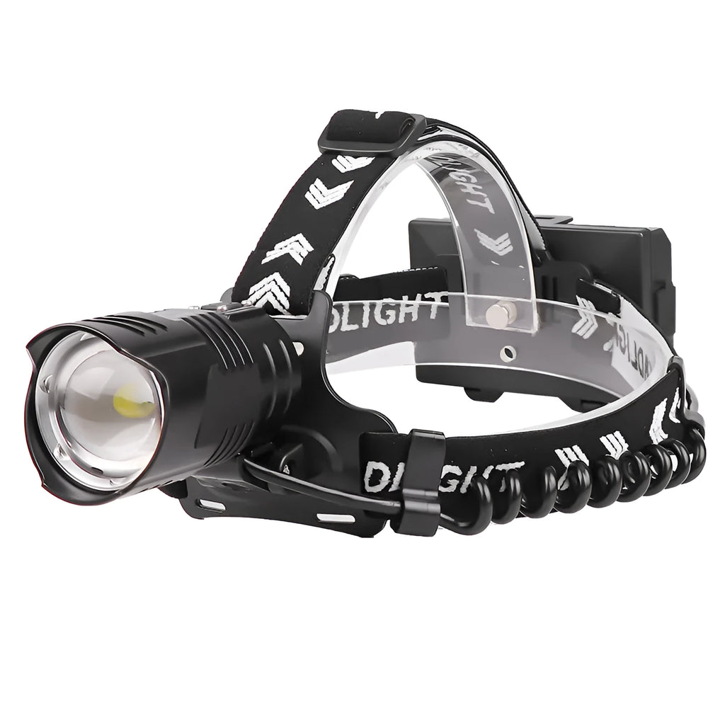 Black aluminium alloy USB charging telescopic zoom headlight showing zoom mechanism and press switch.