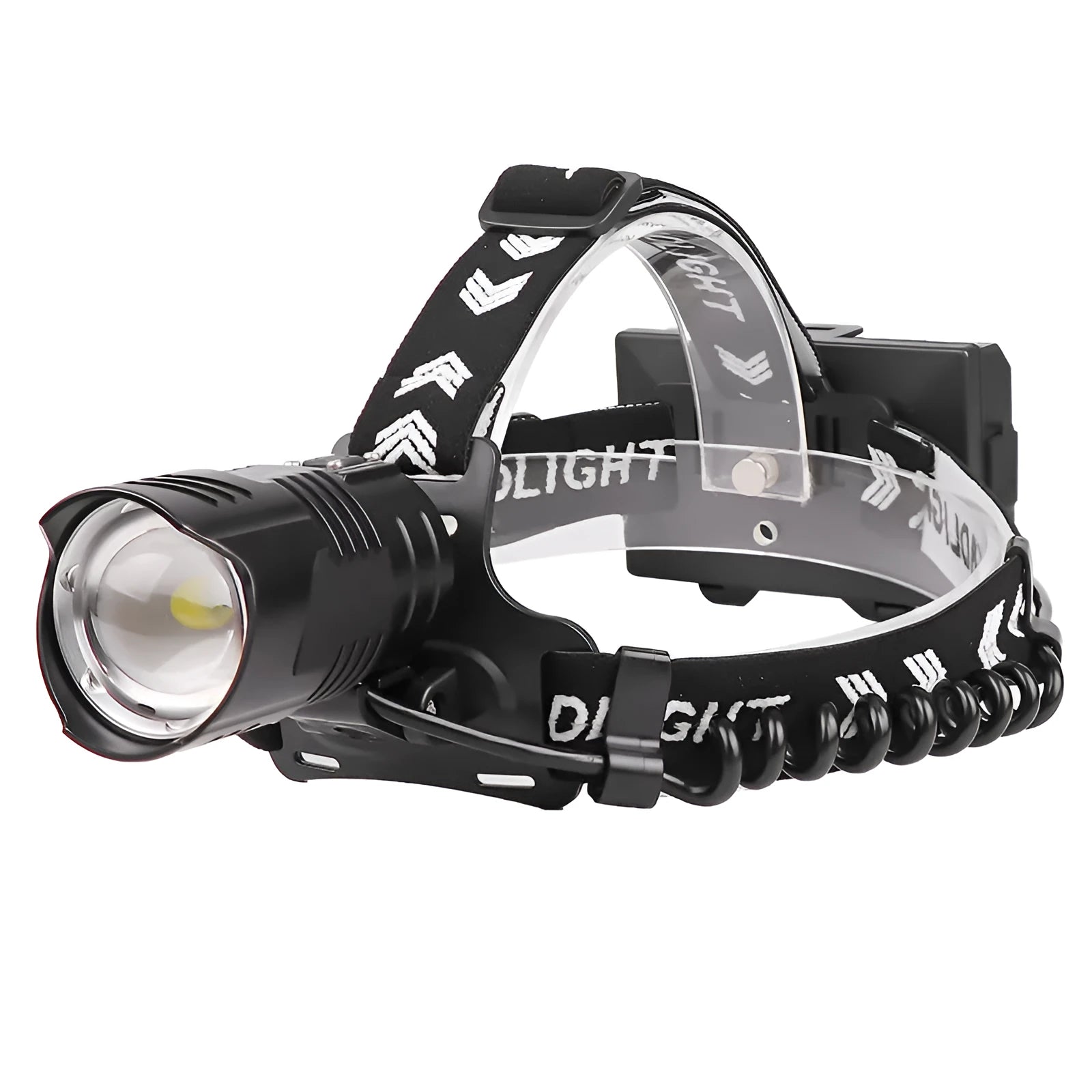 Black aluminium alloy USB charging telescopic zoom headlight showing zoom mechanism and press switch.