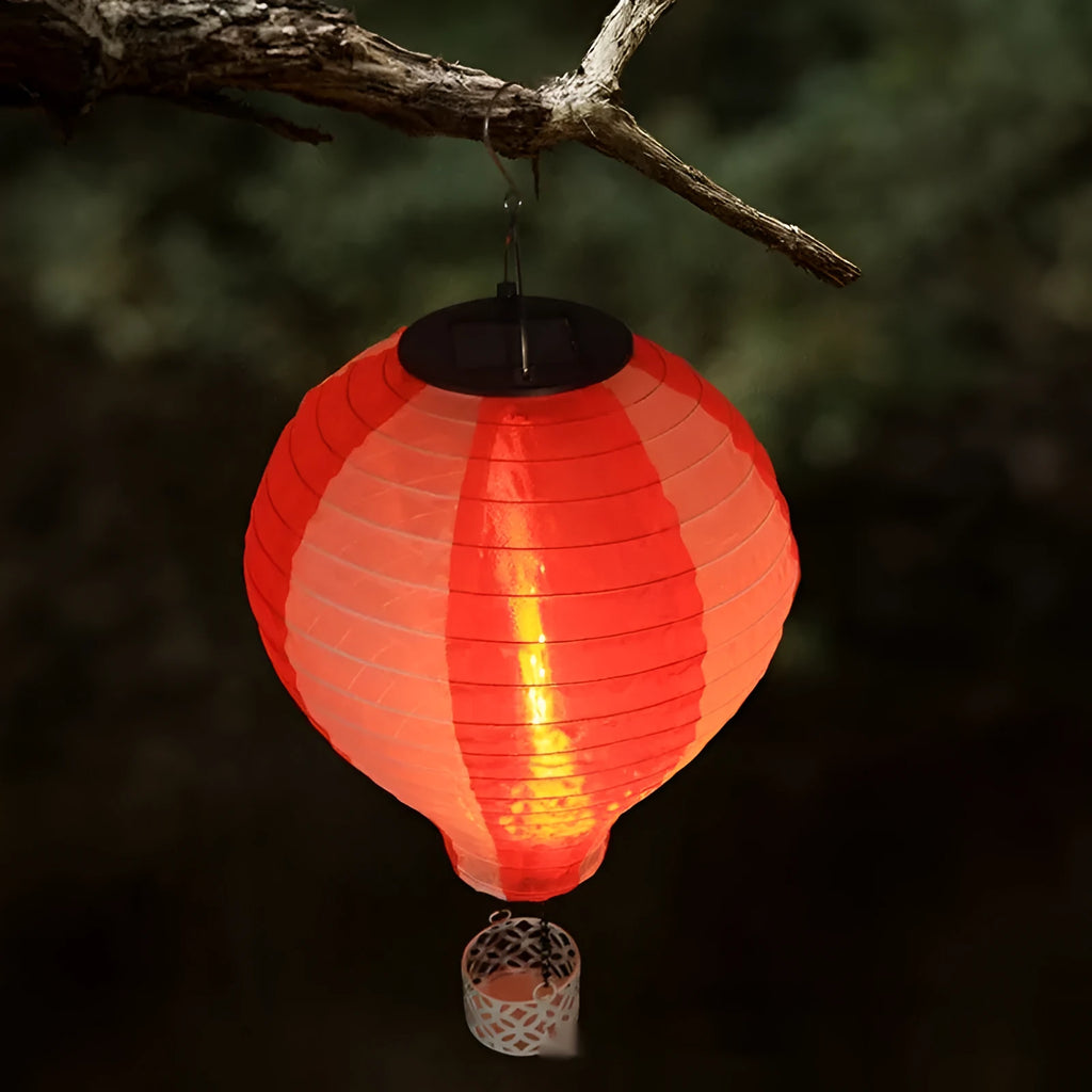 Solar hot air balloon lantern lawn lamp with silk cloth shade, IP44, available in pink red, blue green 21x40, yellow blue.