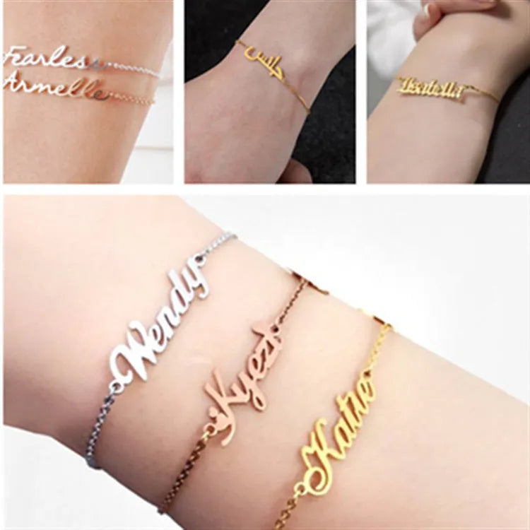 Custom name bracelet in gold finish with the name Sarah in Edward font style
