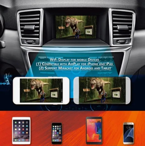 Black car mirror link box with power cable, AV cable, antenna, and user manual.
