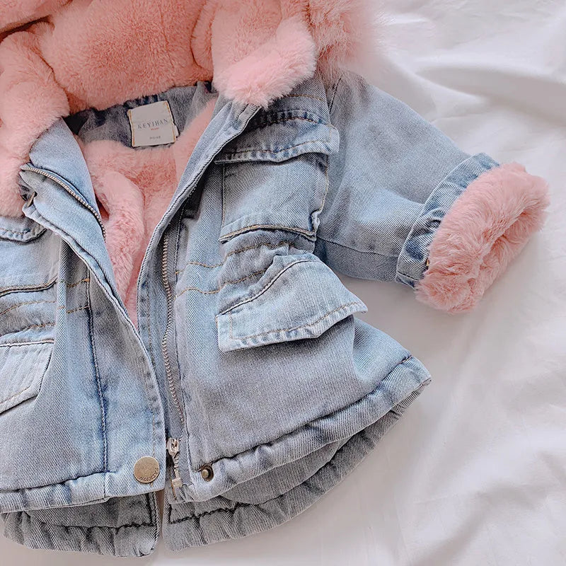 Girl's blue denim coat with hood and plus velvet thickness for Asian sizing