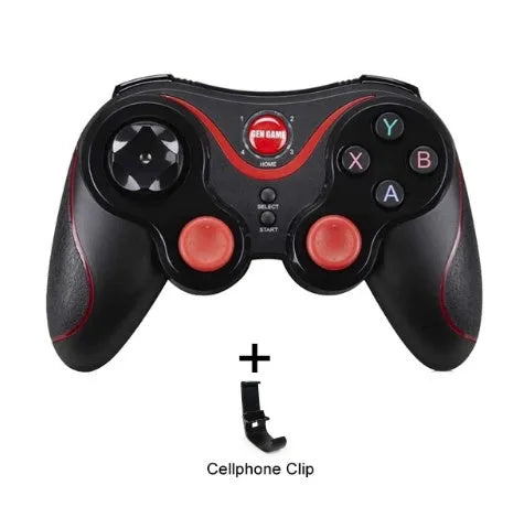 Upgraded X3 Bluetooth wireless game controller for Android phones in black or white, shown with phone clip attached.
