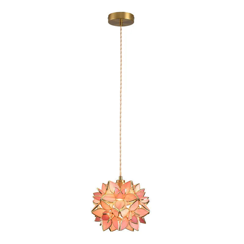 Stained glass hanging line chandelier with copper lamp head in a choice of light colours.