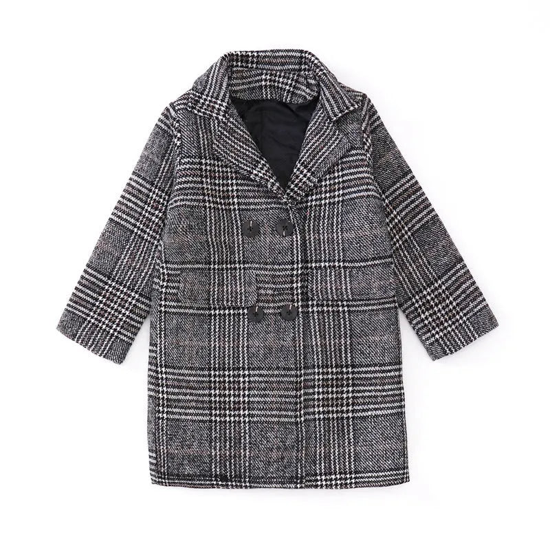 Grey houndstooth pattern coat with suit collar and long sleeves for girls.