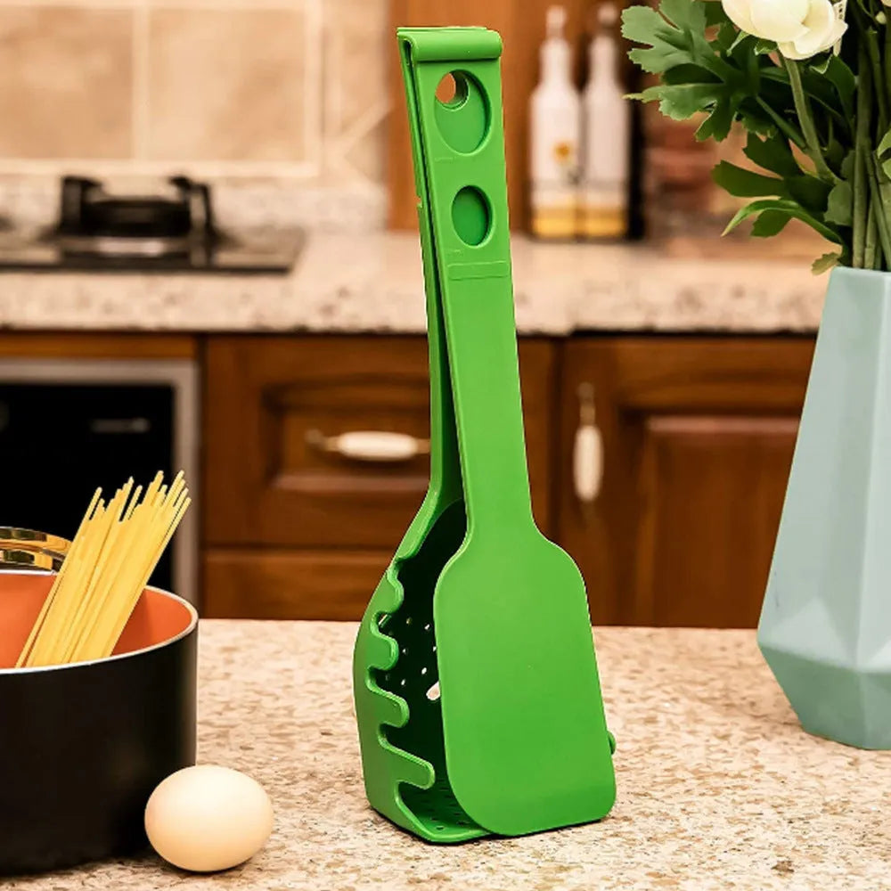 Plastic kitchen utensil set showing multifunction shovel and spaghetti serving spoon