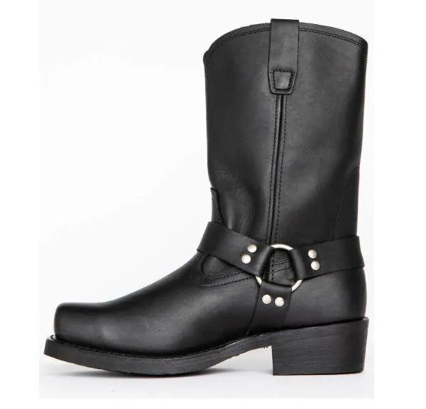 Men's brown vintage cowboy boots with a large silver belt buckle ring detail on the side.