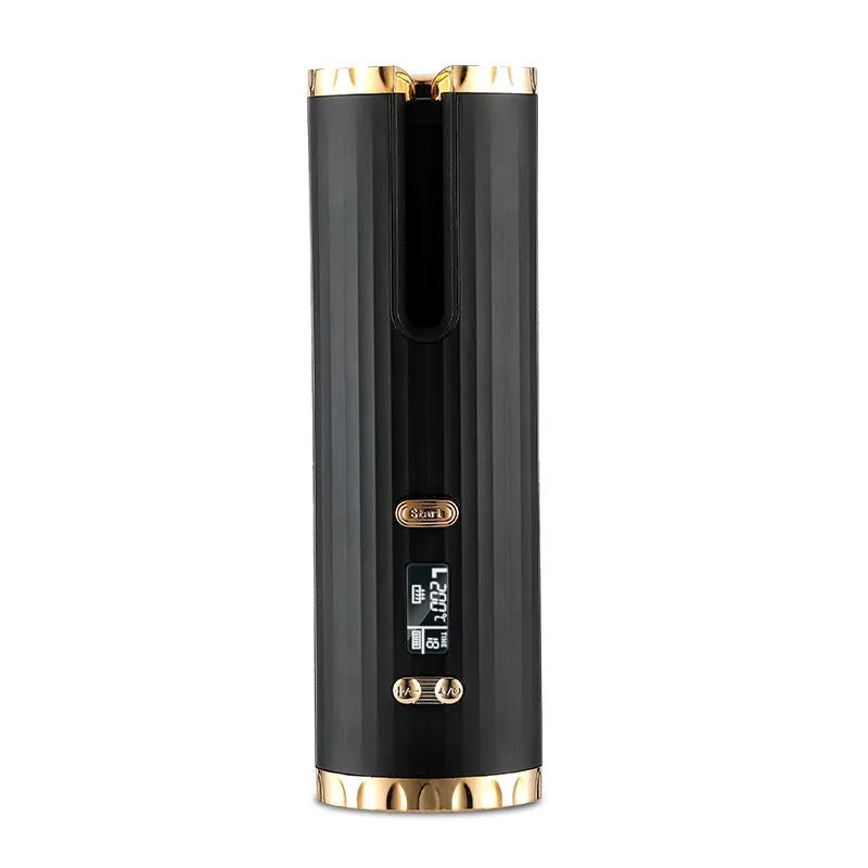 Rechargeable cordless automatic hair curler with LCD display showing temperature settings on ceramic barrel