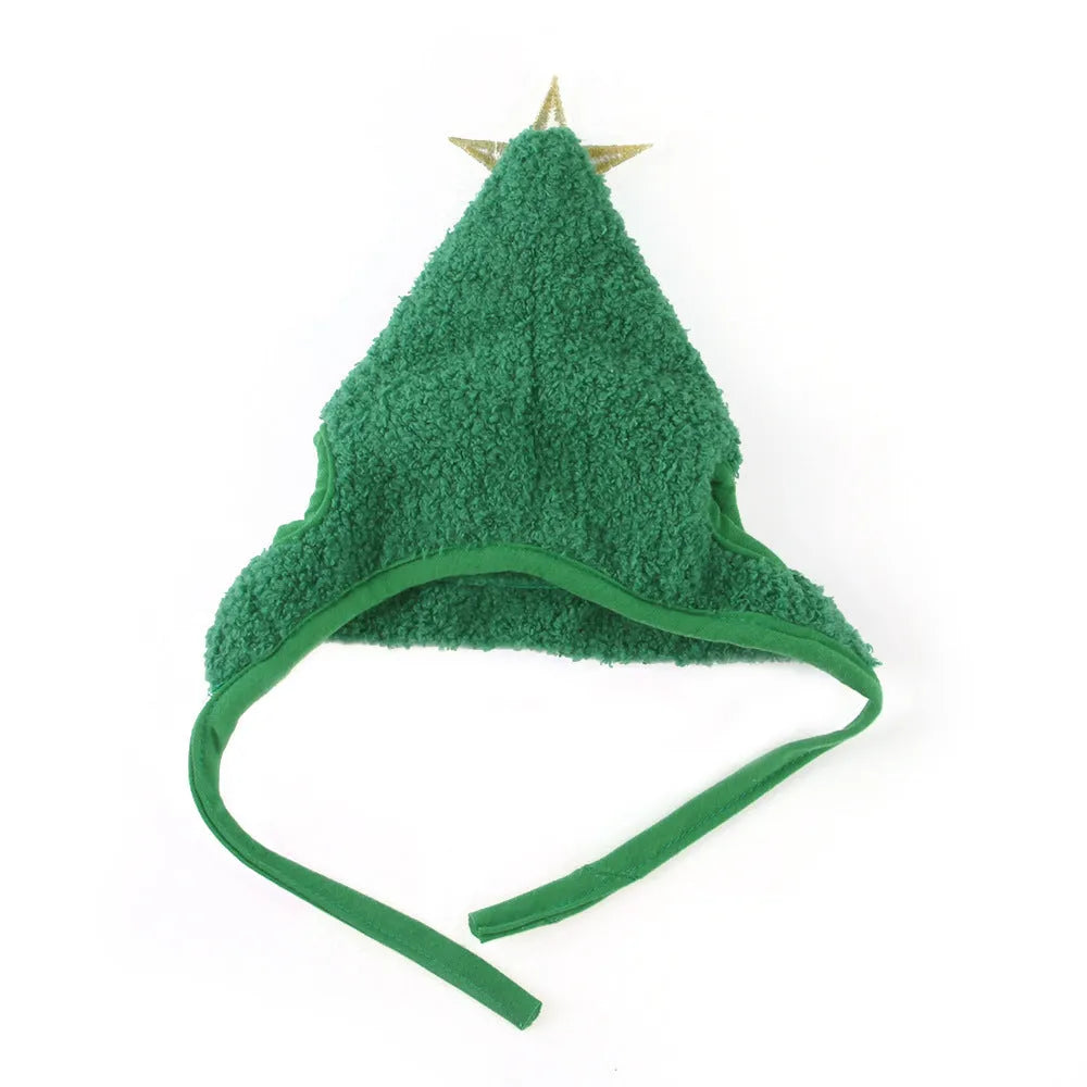 Pet Christmas tree shaped hat on a cat with adjustable chin strap, red and green polyester