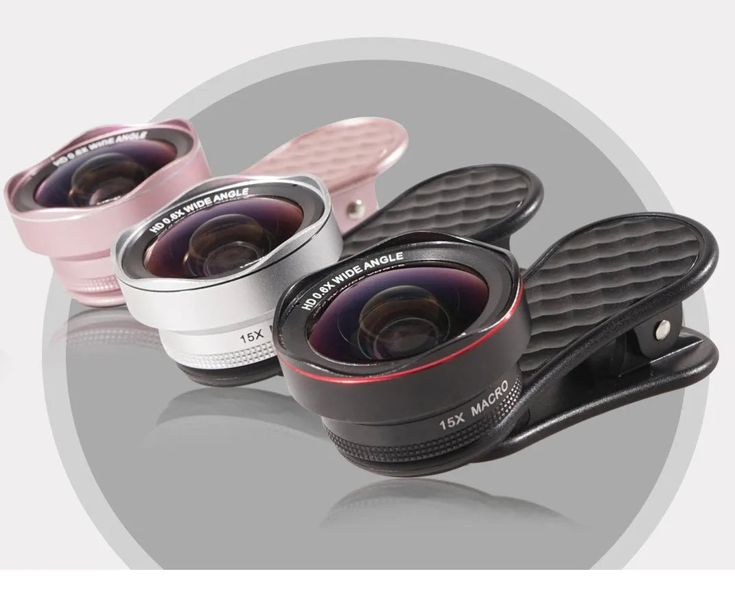 Mobile phone wide-angle and macro lens kit with storage case and phone clip in black, silver, or rose gold