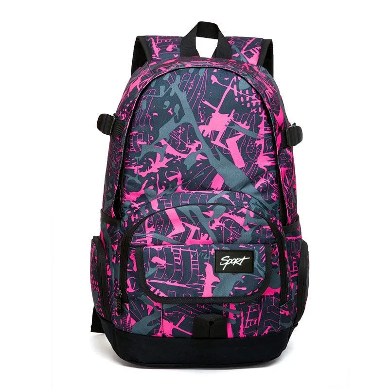 Blue classic nylon backpack with multiple pockets and adjustable padded straps, shown closed.
