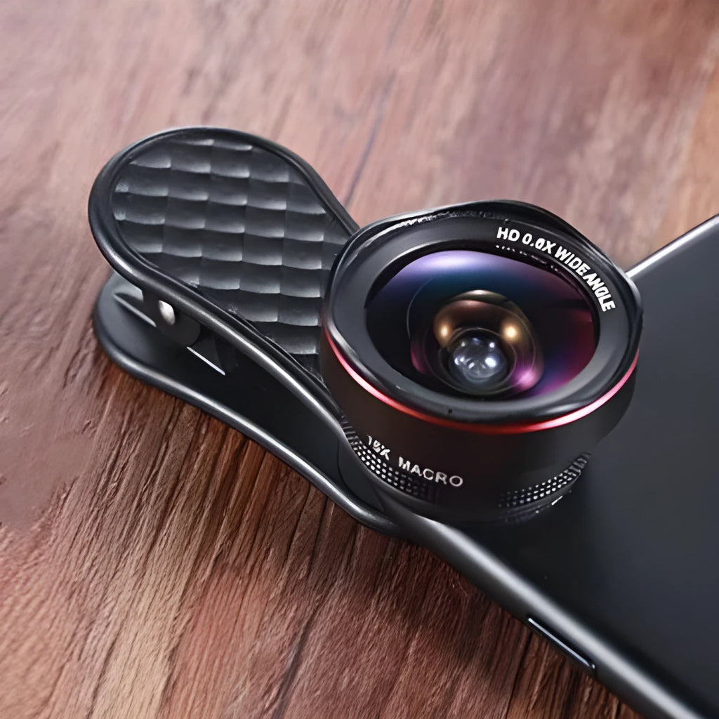 Mobile phone wide-angle and macro lens kit with storage case and phone clip in black, silver, or rose gold