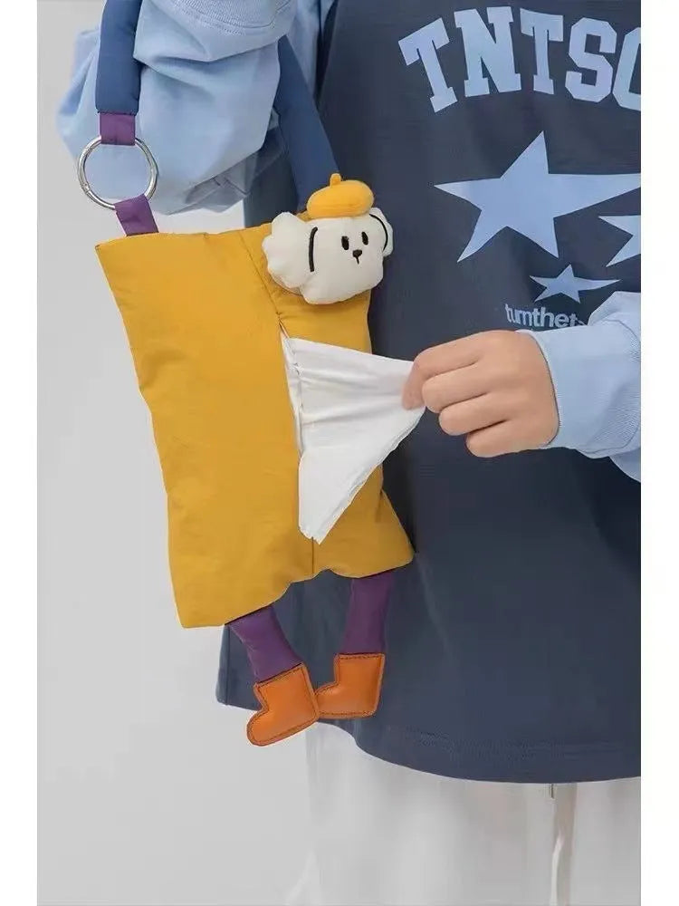 Hanging plush car tissue bag measuring 25cm by 19cm in baby crocodile or hat dog design