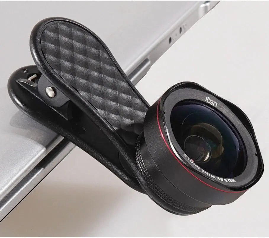 Mobile phone wide-angle and macro lens kit with storage case and phone clip in black, silver, or rose gold