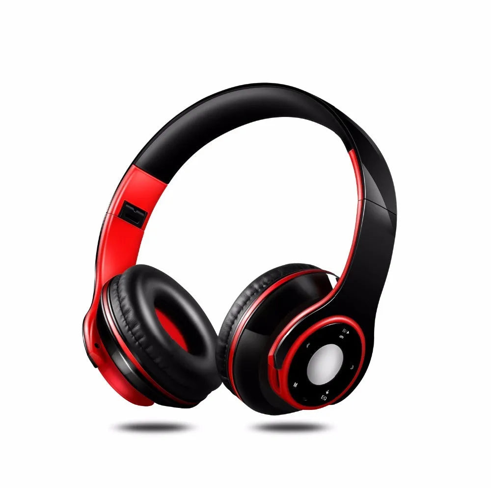 Foldable over-ear wireless Bluetooth headset with adjustable hinges in blue, red, or rose red colours.
