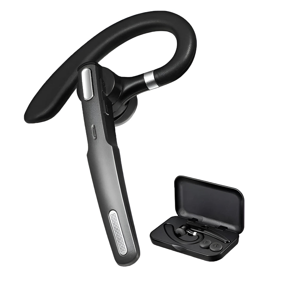 Black mono ear Bluetooth headset with hanging ear loop design, showing IPX6 waterproof and active noise cancellation features.