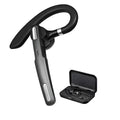 Black mono ear Bluetooth headset with hanging ear loop design, showing IPX6 waterproof and active noise cancellation features.