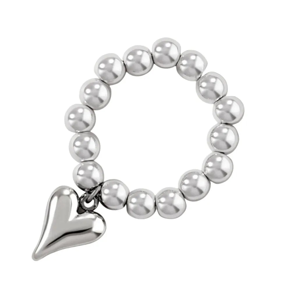 Handmade elastic beaded love ring with geometric heart design in gold and white electroplated finishes