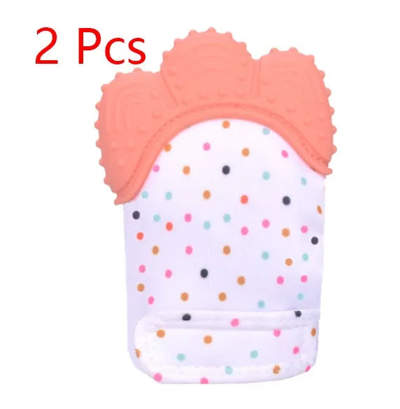 Baby silicone teething glove with Velcro strap in a smiley face yellow design.