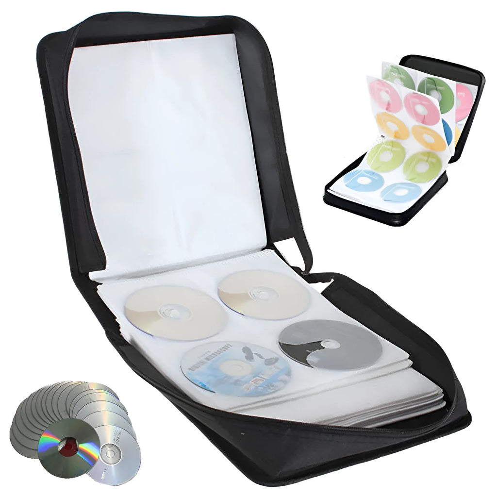 Black Oxford cloth CD DVD storage binder organiser with zip and hand strap.
