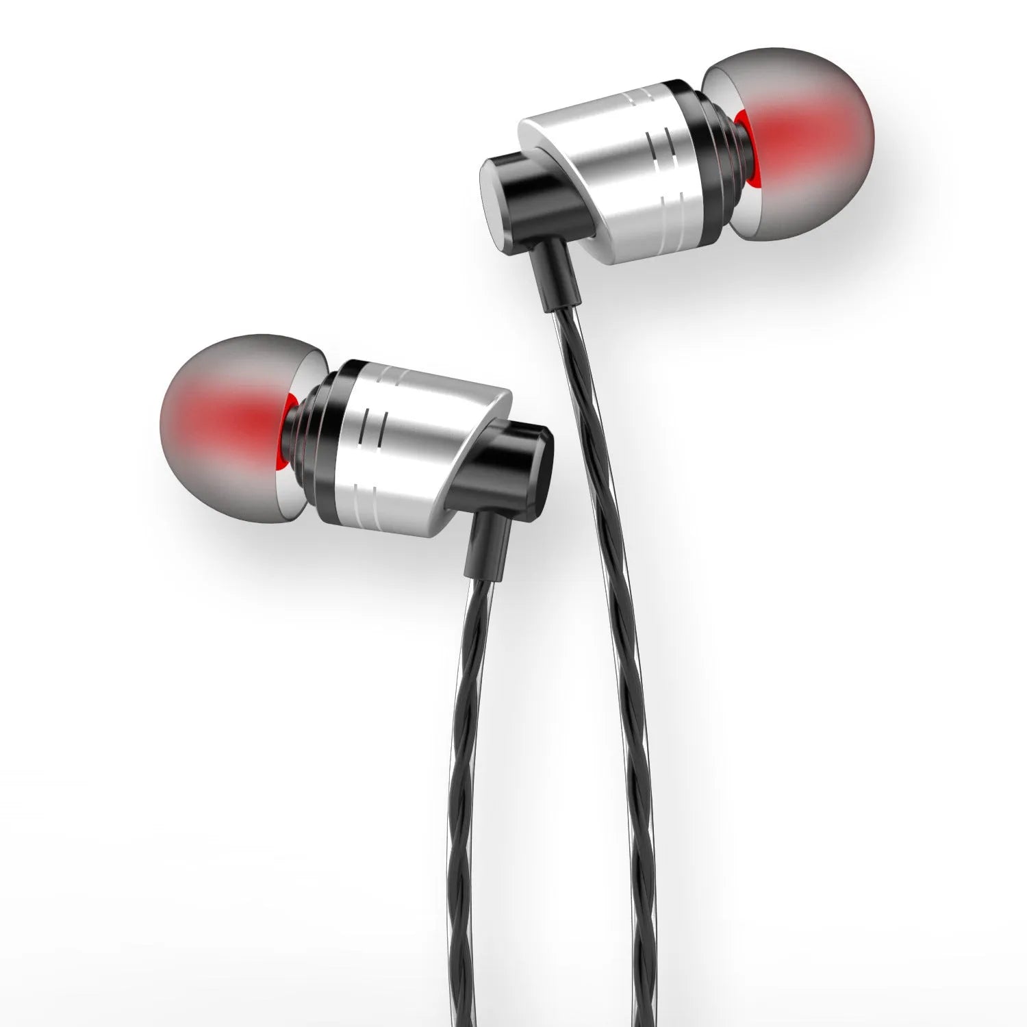 Black, blue, and red in-ear wired headphones with a 3.5mm plug and inline microphone on a TPE cable.