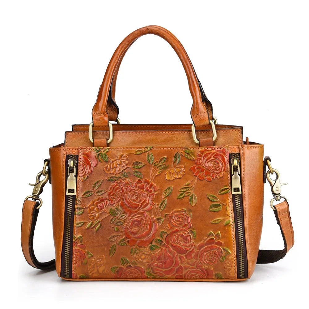 Retro yellow genuine leather cross body tote handbag with 25cm width and 130cm adjustable strap