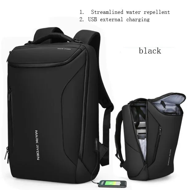 Black Oxford cloth backpack with USB charging port and 108° opening design, 20-35L capacity