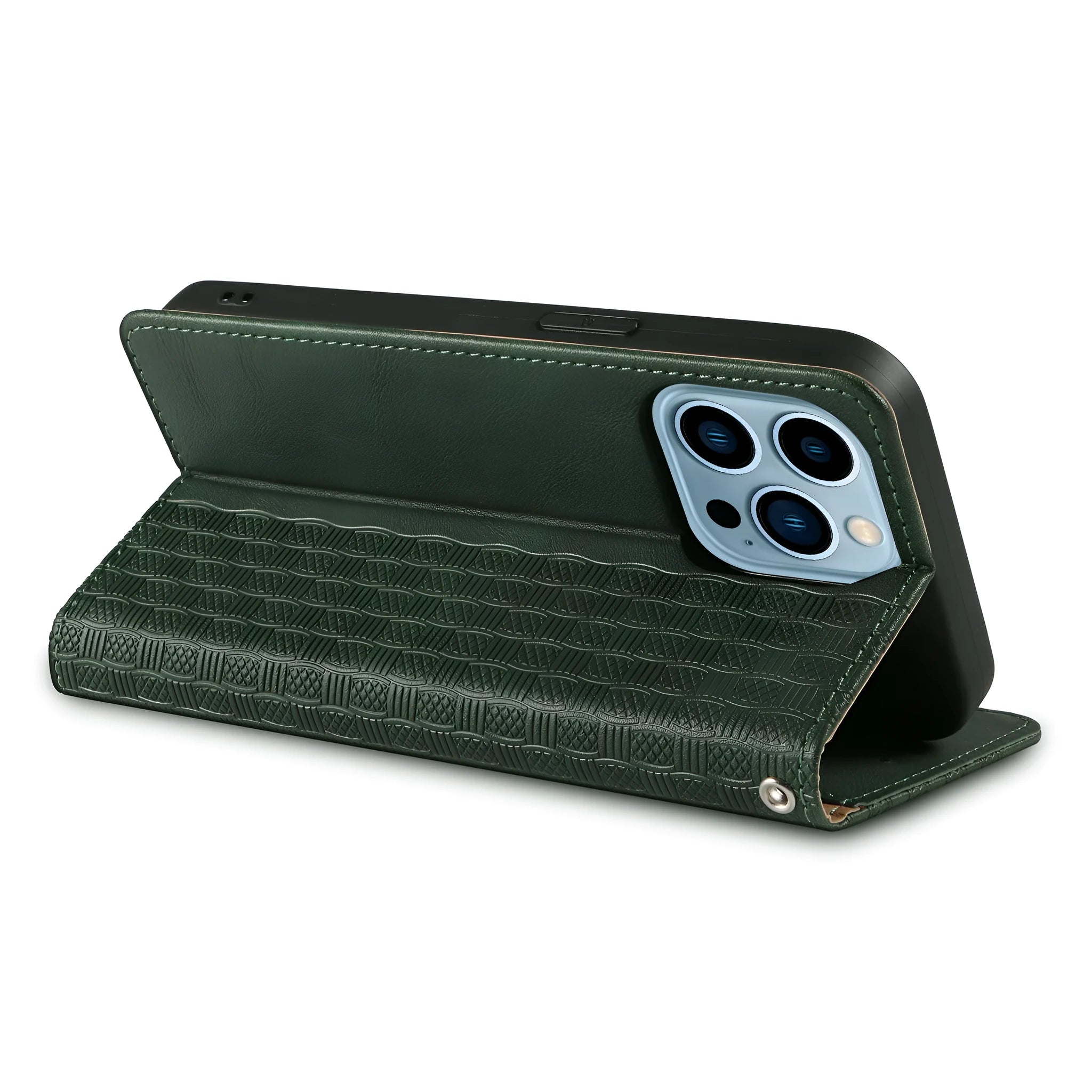 Embossed leather-style flip phone case for iPhone shown in black, brown, blue, and red colours.