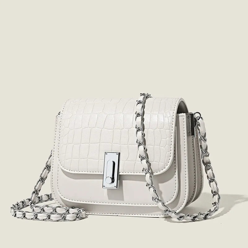 Women's soft PU crossbody shoulder bag in horizontal square shape, shown in black, white, and green colours.